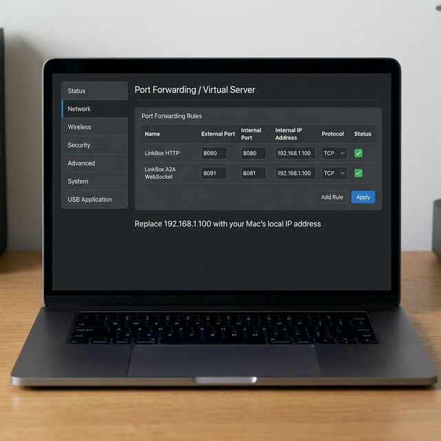 Router port forwarding configuration showing ports 8080 and 8081